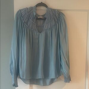 Ramy Brook Sky Blue Gathered Yoke V-Neck Blouse